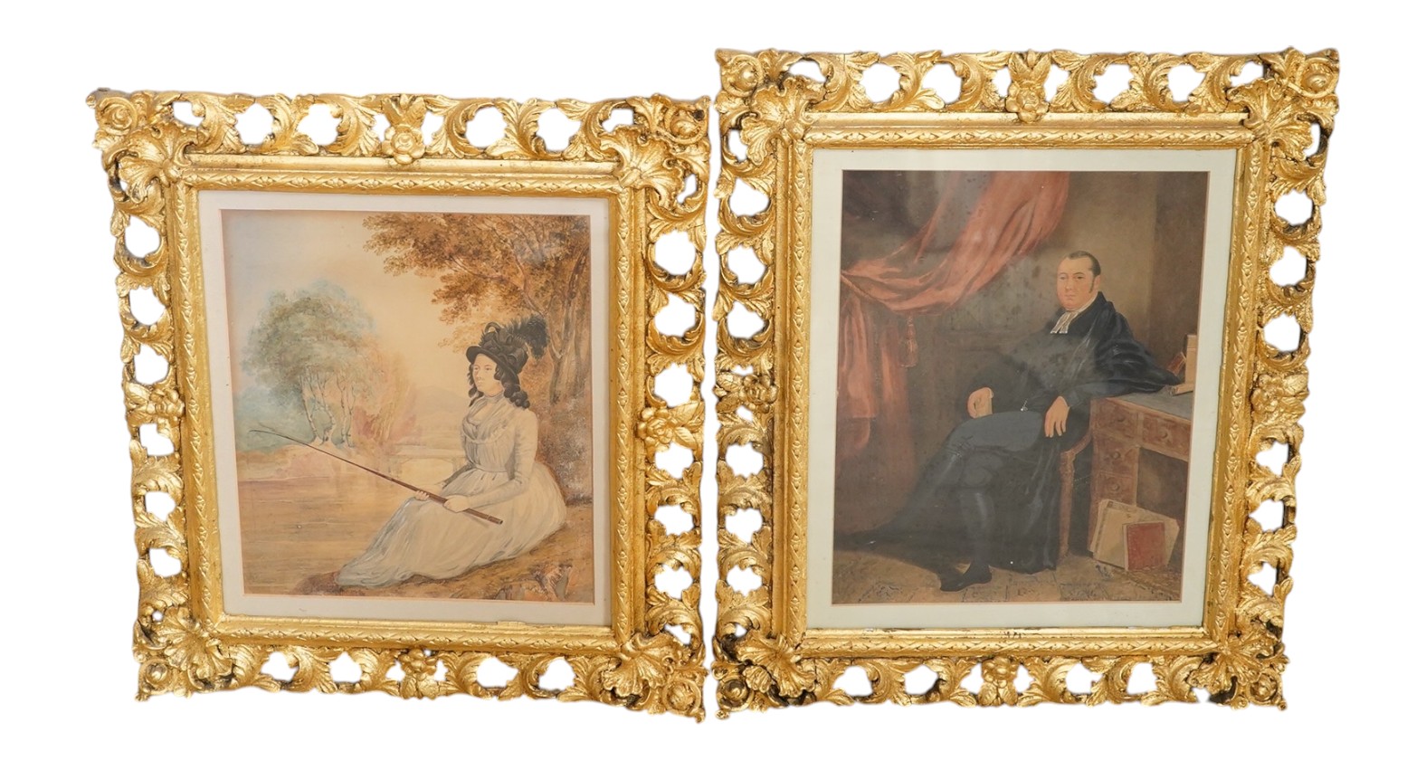 Early 19th century English School, pair of watercolours, Portrait of a lady angler and Portrait of a seated cleric, each unsigned, inscribed in ink verso, 27 x 21cm, housed in rococo style gilt frames. Condition - good